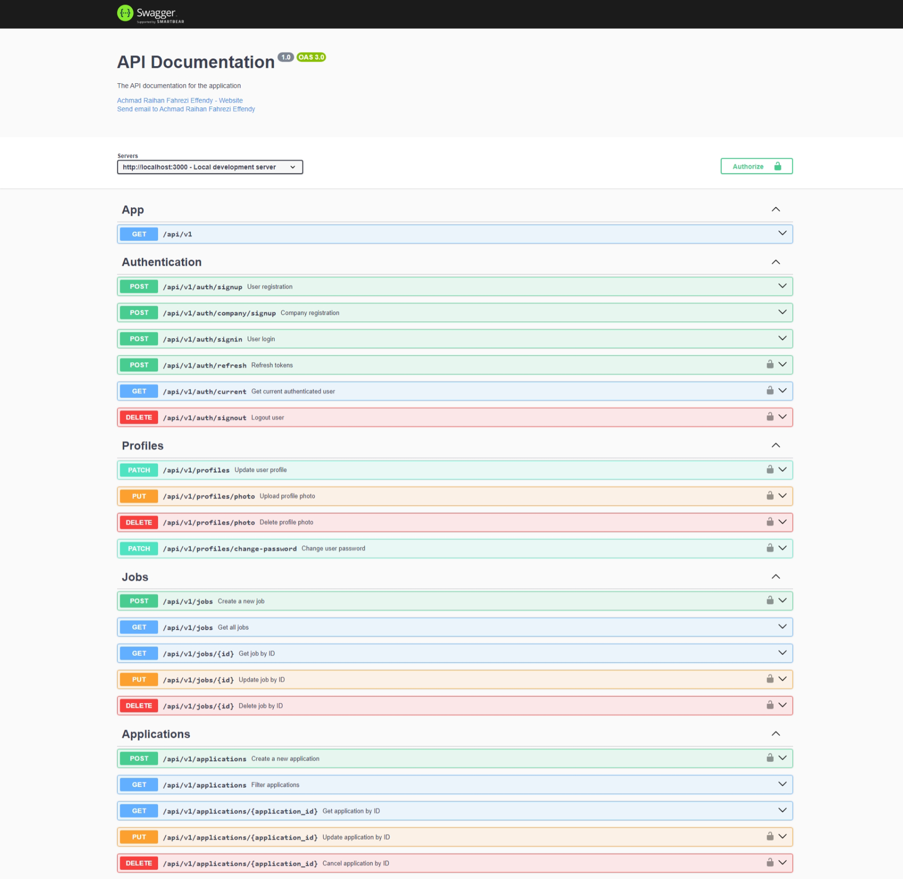 Swagger documentation for the API